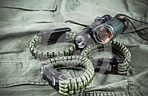 Military paracord bracelet, tactical torch and spy-glass