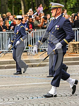 Military parade (Defile) during the ceremonial of french national day, Champs Elysee avenue.