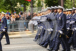Military parade (Defile) during the ceremonial of french national day, Champs Elysee avenue.