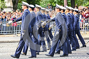 Military parade (Defile) during the ceremonial of french national day, Champs Elysee avenue.