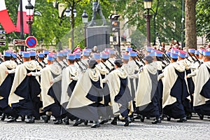 Military parade (Defile) during the ceremonial of french national day, Champs Elysee avenue.