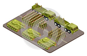 Military parade vector isometric with soldiers and military equipment