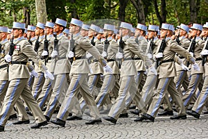 Military parade (Defile) during the ceremonial of french national day, Champs Elysee avenue.