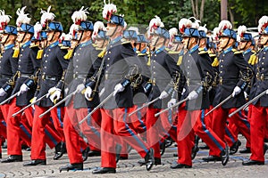 Military parade (Defile) during the ceremonial of french national day, Champs Elysee avenue.