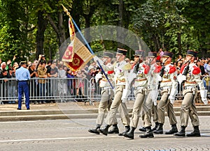 Military parade (Defile) during the ceremonial of french national day, Champs Elysee avenue.