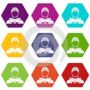 Military paratrooper icon set color hexahedron