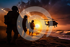 military paratroopers soldiers disembark from a helicopter generative ai photo