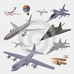 Military and passenger aircraft set. Fighter jet, Balloon, hang glider, old model, private jet, F-117 Nighthawk, interceptor,