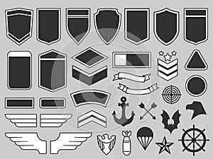 Military patches. Army soldier emblem, troops badges and air force insignia patch design elements vector set