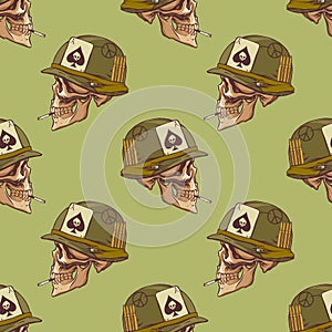 Military pattern of Vietnamese soldier skull and helmet in hand drow style for print and design. Vector illustration.