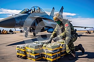 Military personnel at the airfield load boxes and containers with military uniforms and weapons.