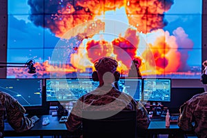Military personnel monitoring violent explosion on screens