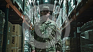 Military personnel in uniform standing in a warehouse. The concept of military logistics and organization.