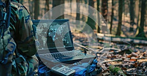 Soldier with Laptop in Forest.AI generated image
