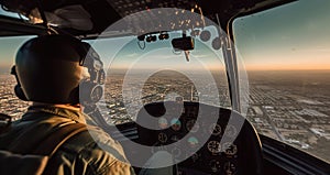 A Military Pilot in the Cockpit of a Helicopter with a City View and Instrumentation, Generative AI