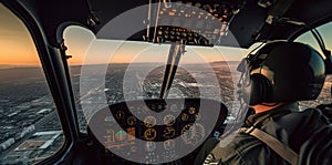 A Military Pilot in the Cockpit of a Helicopter with a City View and Instrumentation, Generative AI