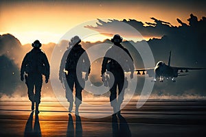 military pilots on the runway as dusk falls