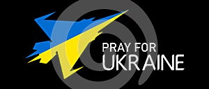 Military plane in color of Ukrainian flag with Pray for Ukraine text on black background. Vector illustration EPS 10