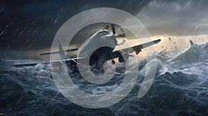 Military Plane Crashes In A Storm In A Storm Ocean. Generative AI