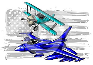Military plane fired a missile. Fighter jet vector illustration.