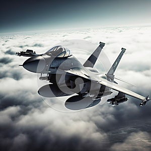 A military plane flies through the clouds