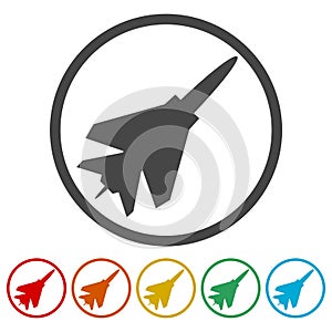 Military plane in the sky icon