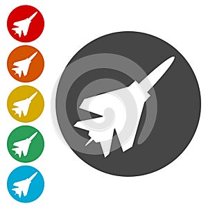 Military plane in the sky icon