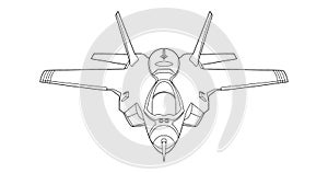 Military plane vector line art, concept design. Airplane black contour outline illustration isolated on white background