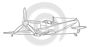 Military plane vector line art, concept design. Airplane black contour outline illustration isolated on white background