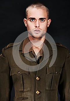 Military, portrait or man with ptsd, serious or surprised face and fear, terror and anxiety in studio. Man, guy or wide