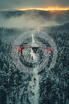 A military quadcopter patrols the area above the winter forest