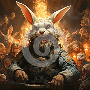 military rabbit dictator on podium against background of explosions and evil rabbits AI generated