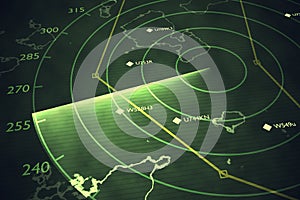 Military radar screen is scanning air traffic. 3D rendered illustration