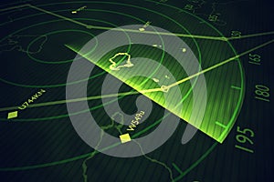 Military radar screen is scanning air traffic. 3D rendered illustration