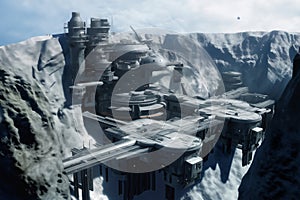 A military or research station in the mountains, futuristic