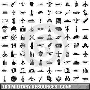 100 military resources icons set, simple style