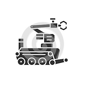 Military robot black glyph icon. Bomb-disposal robot or explosive ordnance disposal EOD. Innovation in technology. Sign for web