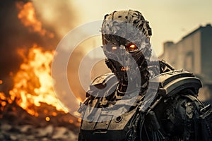 Military robot, portrait of futuristic soldier on fire background