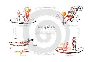 Military robots - robots in battle, underwater sapper, roket attack, air drones vector concept set photo