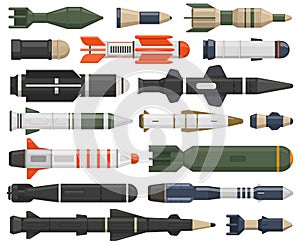 Military rocket weapon. Ballistic weapons, nuclear, aerial bombs, cruise missiles and depth charges vector illustration