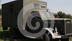 Military Russian green army vehicle. Russia arms expo. Demonstration of military equipment.