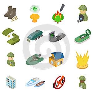 Military science icons set, isometric style