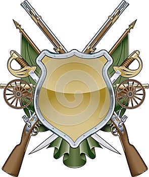 Military shield background with muskets, swords, cannons and banners