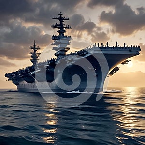 Military ship in the sea. The silhouette of a warship