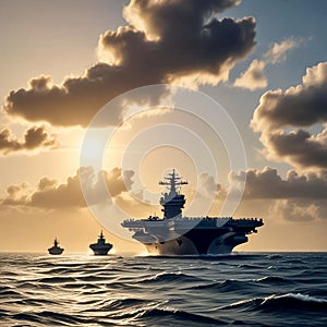 Military ship in the sea. The silhouette of a warship