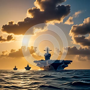 Military ship in the sea. The silhouette of a warship