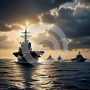 Military ship in the sea. The silhouette of a warship