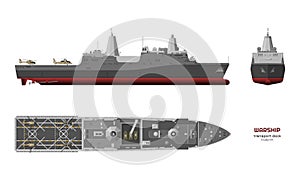Military ship. Top, front and side view. Battleship 3d model. Industrial isolated drawing of USS boat. Warship