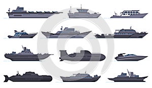 Military ships. Battle combat boats, missile ship, security boats, modern warships and submarine, army weapon