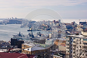 Military ships in the city port.